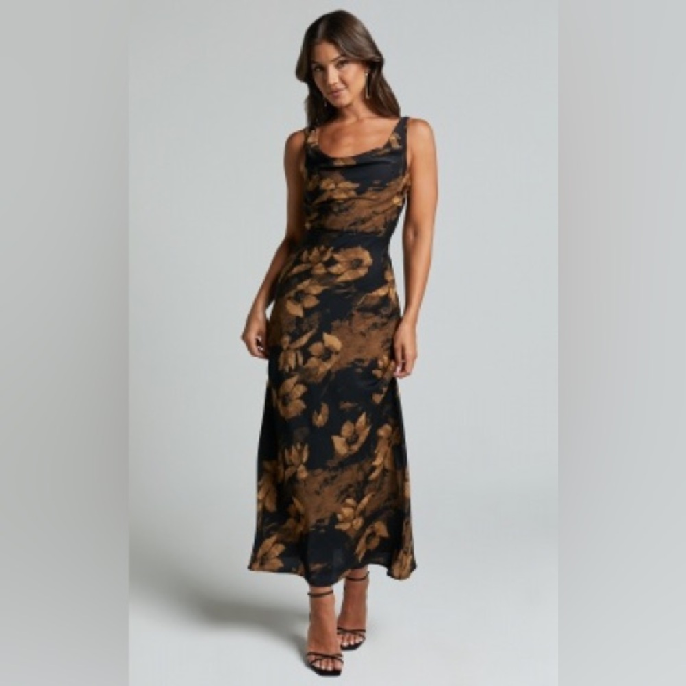 Showpo Black and Brown Cowl Neck Slip Maxi Dress